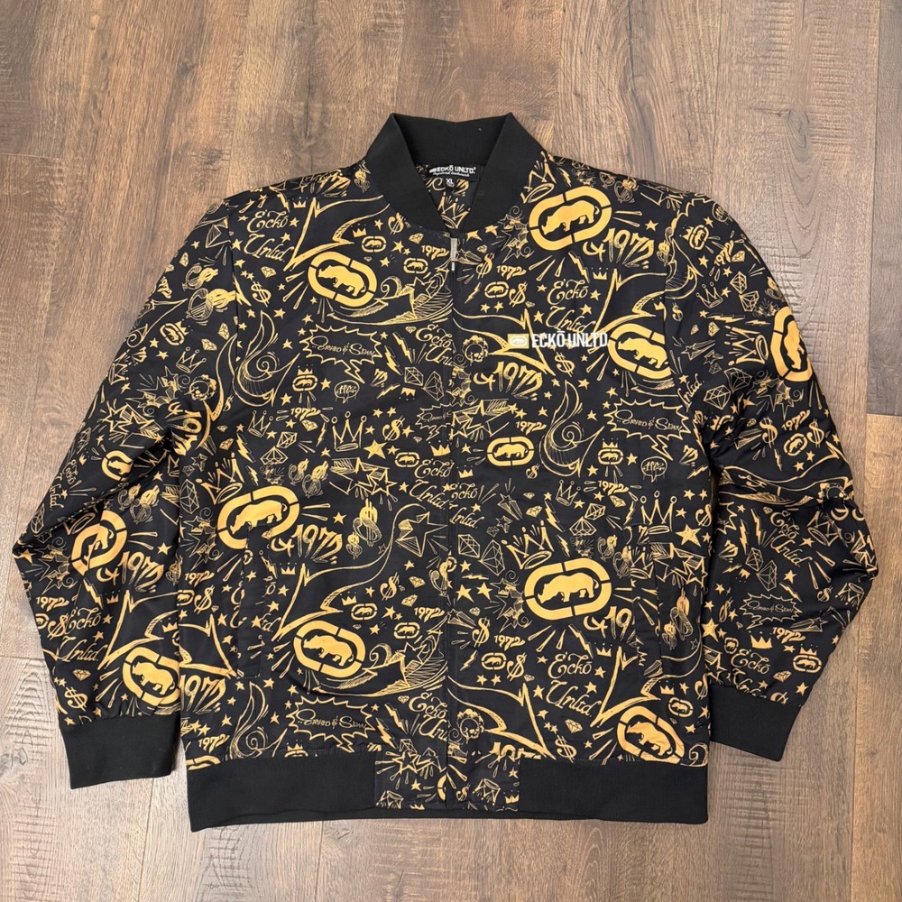 Ecko Unltd Mens XL Graffiti Print Bomber Jacket Black Gold Rhino Streetwear Y2K